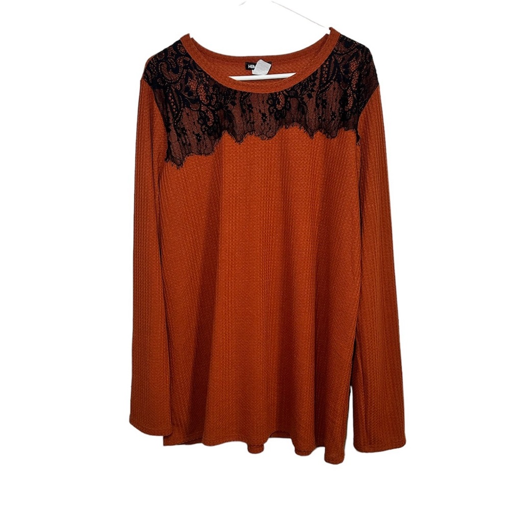 Women’s Heimish USA Brown/Orange Long Sleeve Top With Black Lace